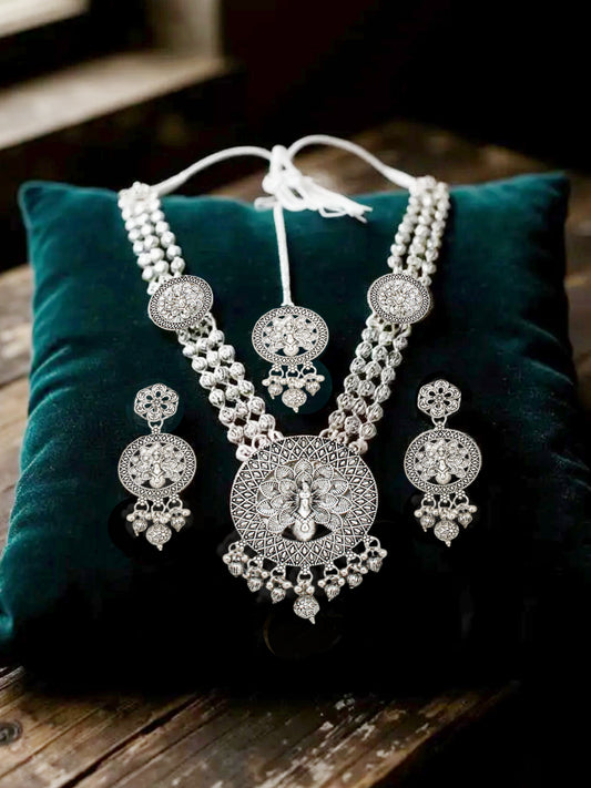 Oxidised Silver Peacock Design Long Necklace Set for Women & Girls