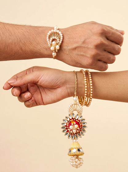 Designer Floral Kundan Bhaiya Bhabhi Rakhi Set | Yellow Jhumki Lumba & White Stone Beaded Rakhi (240-S7R1-PJ7402-M)