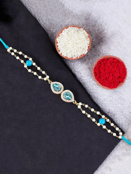 Lucky Jewellery Designer Turquoise Color Stone Rakhi - Rakshabandhan Pearl Rakhee Bracelet Lumba for Brother Bhai Bhaiya Bhabhi - Pack of 1 (200-CHB2-1279-F)