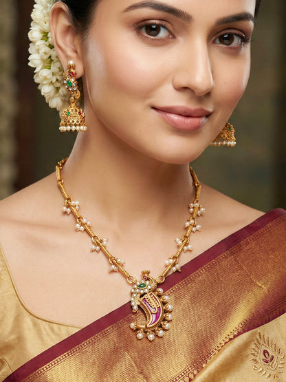 Traditional Gold-Tone Paisley Pendant Necklace Set with Dome Jhumka Earrings | Pink Enamel Meenakari Detailing & Green Stone Embellishments (689-ISR-2182-RG)