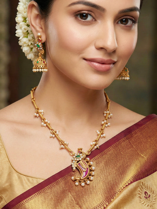 Traditional Gold-Tone Paisley Pendant Necklace Set with Dome Jhumka Earrings | Pink Enamel Meenakari Detailing & Green Stone Embellishments (689-ISR-2182-RG)