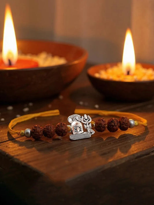 Lucky Jewellery Designer Oxidised Silver Religious Shiva Rakhi - Rakshabandhan Immitation Rudraksh Rakhee Bracelet for Brother/Bhaiya/Bhai/Bhabhi - Pack of 1 (73-CHR1-1963-1)