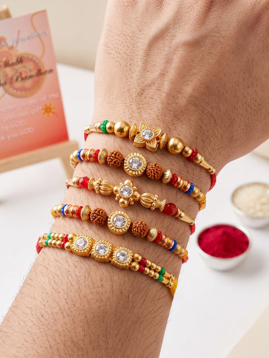 Lucky Jewellery Set of 5 Rakhi with Small Crystal Centerpieces, Gold-Tone & Multicolor Beads, Roli Chawal & Card (61-S7R1-2319-5)