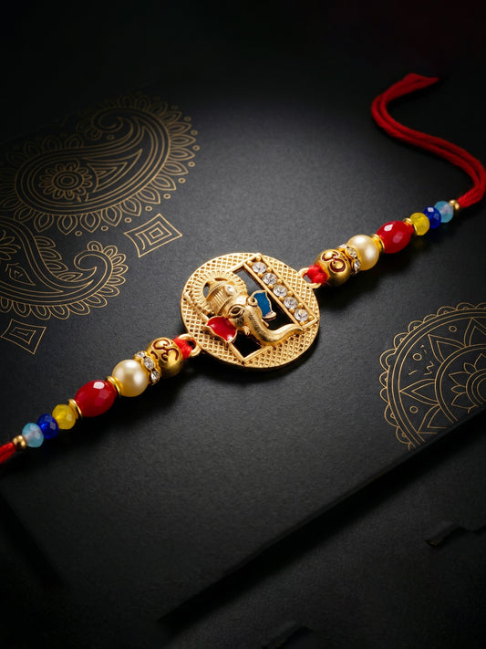 Divine Lord Ganesha & Spiritual Om Beaded Rakhi Set For Brother | With Roli Chawal & Greeting Cards (72-S5R1-AR2922)
