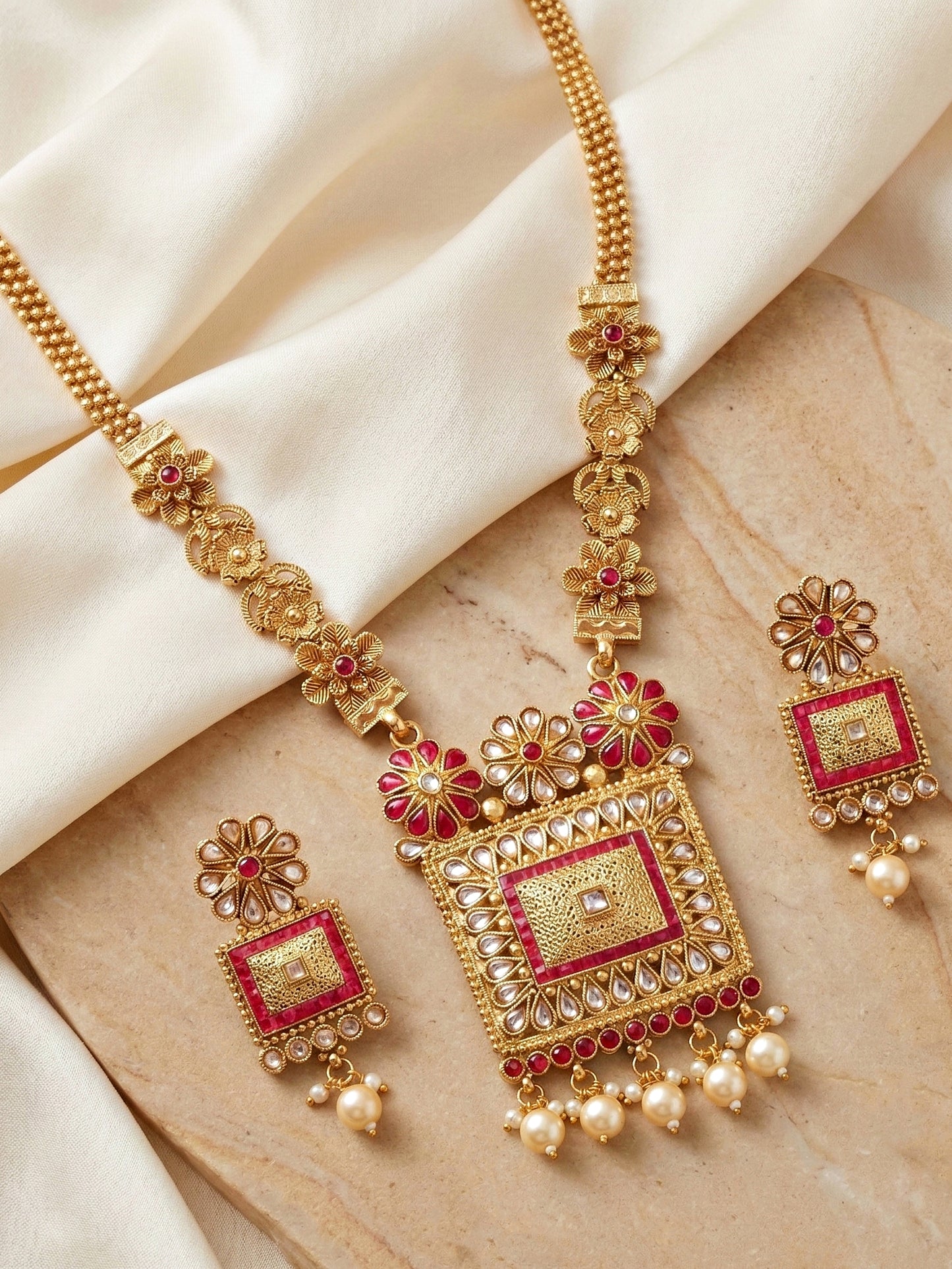 Lucky Jewellery Gold-Plated Ruby Color Traditional Necklace Set (726-G2SR-197-R)