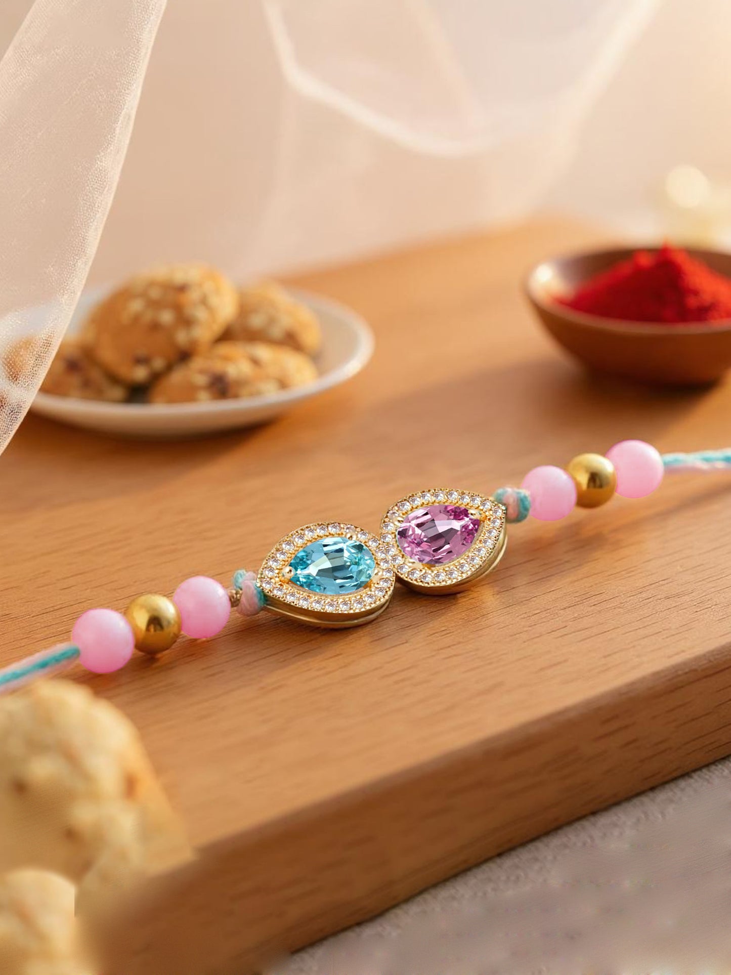 Lucky Jewellery Designer Pink & Turquoise Color Stone Rakhi - Rakshabandhan Pearl Rakhee Bracelet for Brother/Bhaiya/Bhai/Bhabhi - Pack of 1 (176-CHR1-1279-PKF-1)