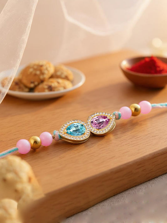 Lucky Jewellery Designer Pink & Turquoise Color Stone Rakhi - Rakshabandhan Pearl Rakhee Bracelet for Brother/Bhaiya/Bhai/Bhabhi - Pack of 1 (176-CHR1-1279-PKF-1)
