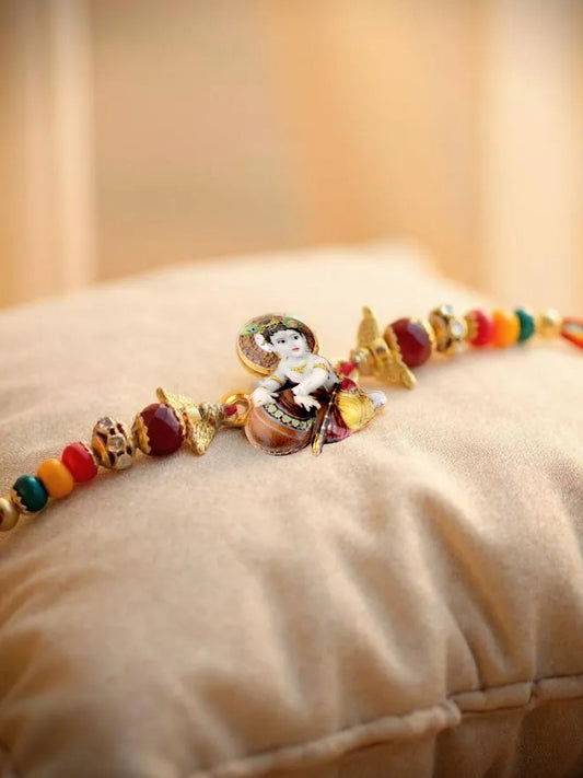 Gold Plated Little Krishna Kids Rakhi - Rakshabandhan Religious Rakhee for Bhaiya/Bhabhi - Pack of 1