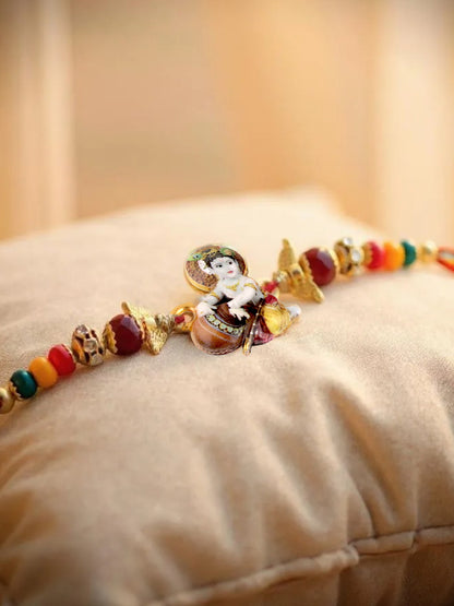 Gold Plated Little Krishna Kids Rakhi - Rakshabandhan Religious Rakhee for Bhaiya/Bhabhi - Pack of 1