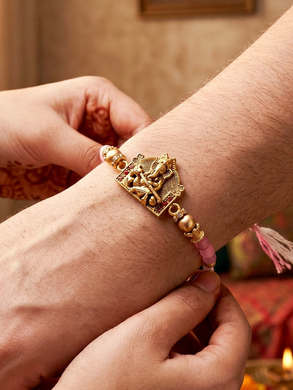 Designer Lord Ganesha Rakhi with Roli Chawal and Greeting Card | Antique Gold Beads Set For Brothers (94-S7R1-EA3601)