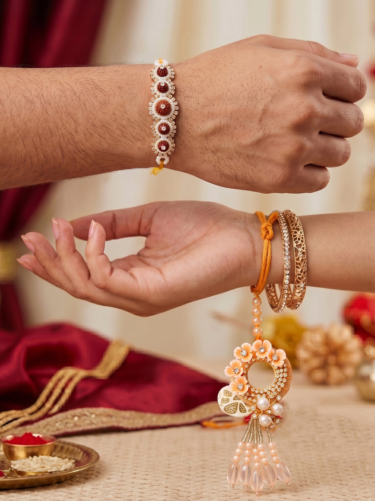 Designer Bhaiya Bhabhi Rakhi Set | Peach Floral Dangling Lumba & Traditional Brown Beaded Rakhi (192-S7R1-PJ6605-PH)
