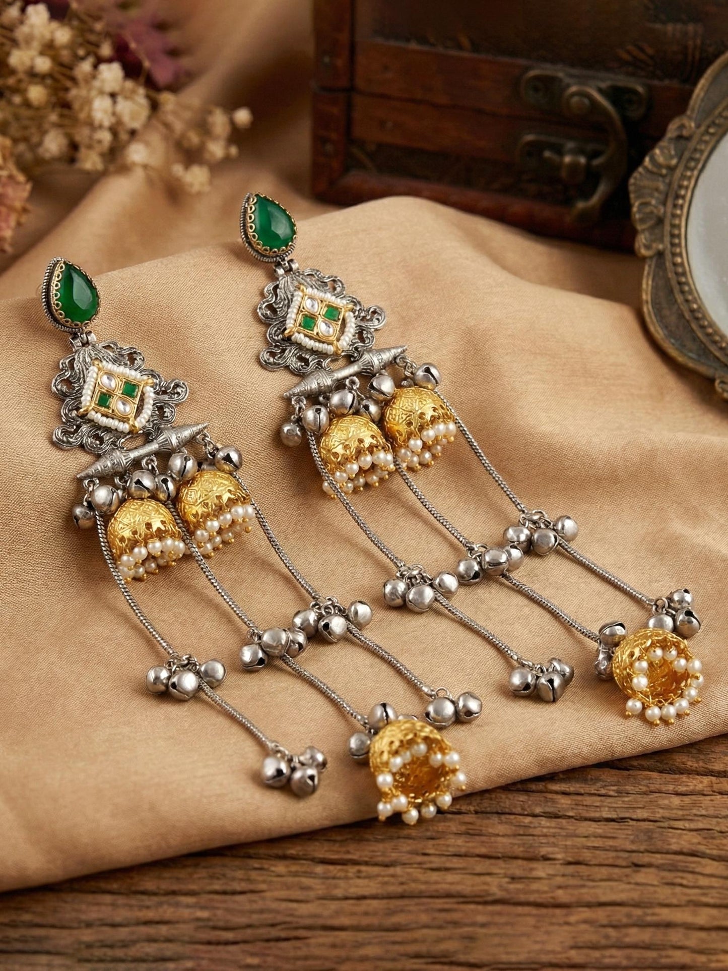 LUCKY JEWELLERY Oxidized Silver Kashmiri Earrings with Green Stone, Triple Gold Jhumka Chains, Designer Jhumkee Earrings for Girls & Women | Birthday & Anniversary Gift