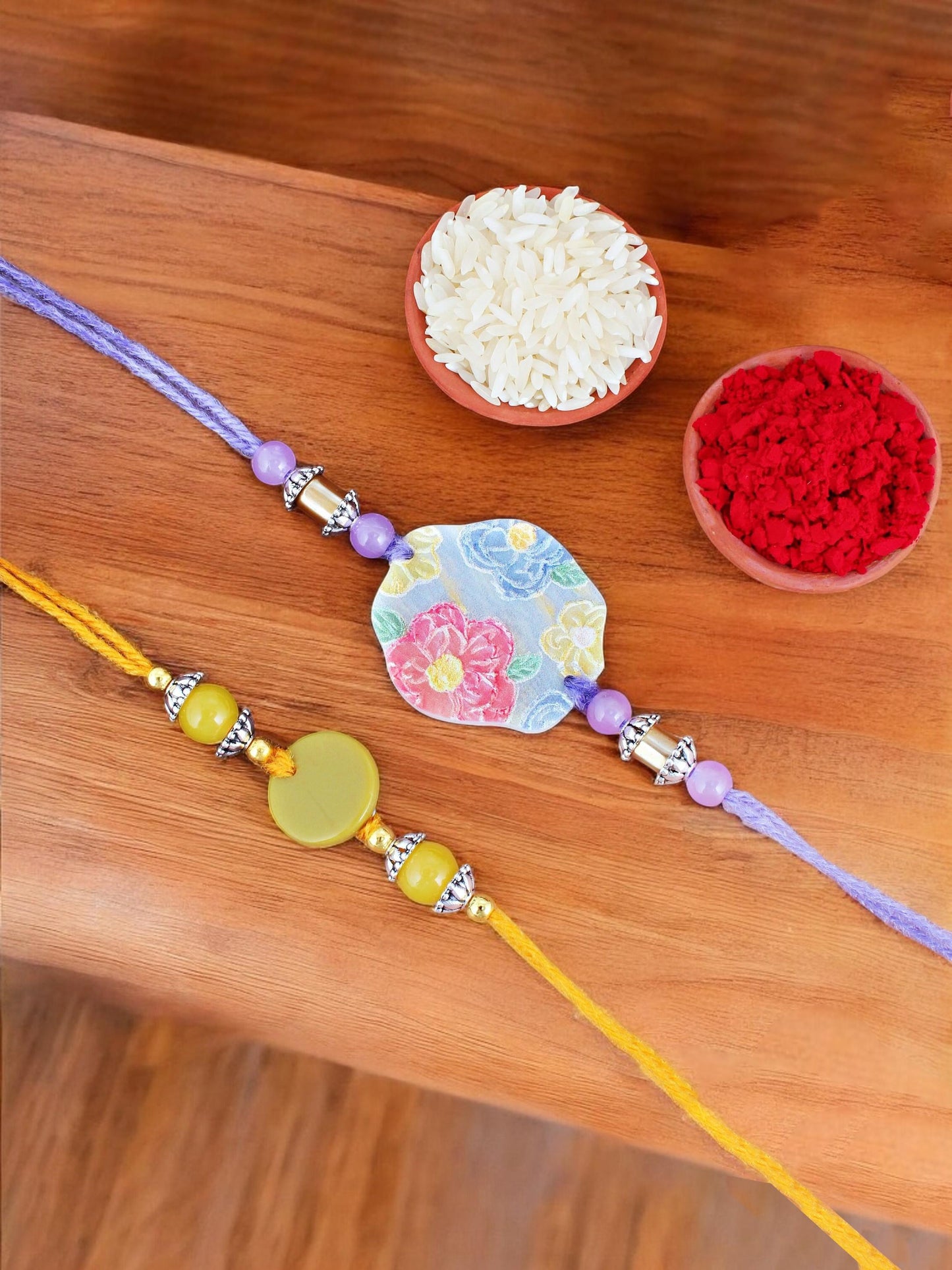 Lucky Jewellery Designer Plastic Floral Rakhi - Rakshabandhan Multi Color Rakhee Bracelet for Brother/Bhaiya/Bhai/Bhabhi - Pack of 2 (155-CHR1-1207-2)