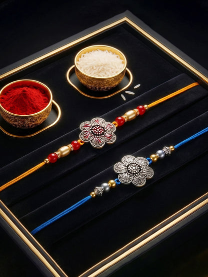 Set of 2 Floral Pendant Rakhi for Brother with Maroon & Blue Beads, Roli Chawal & Card (108-CHR1-1967-S-2-2026)