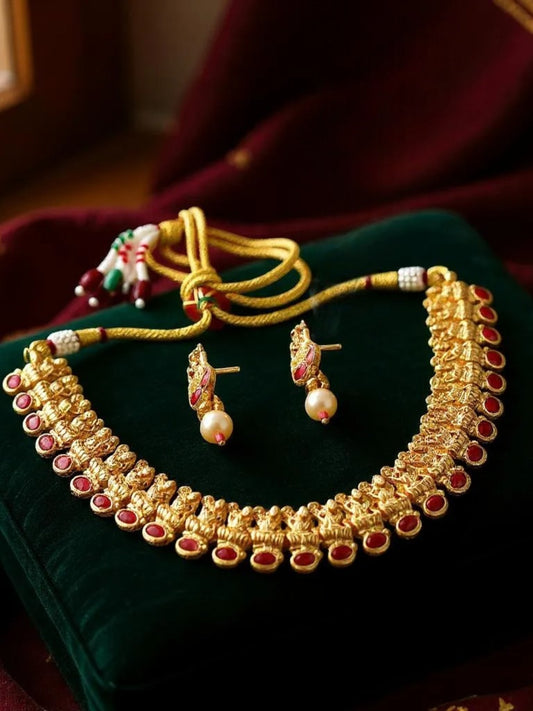 Traditional Temple Jewellery Goddess Lakshmi Design Necklace with Earrings