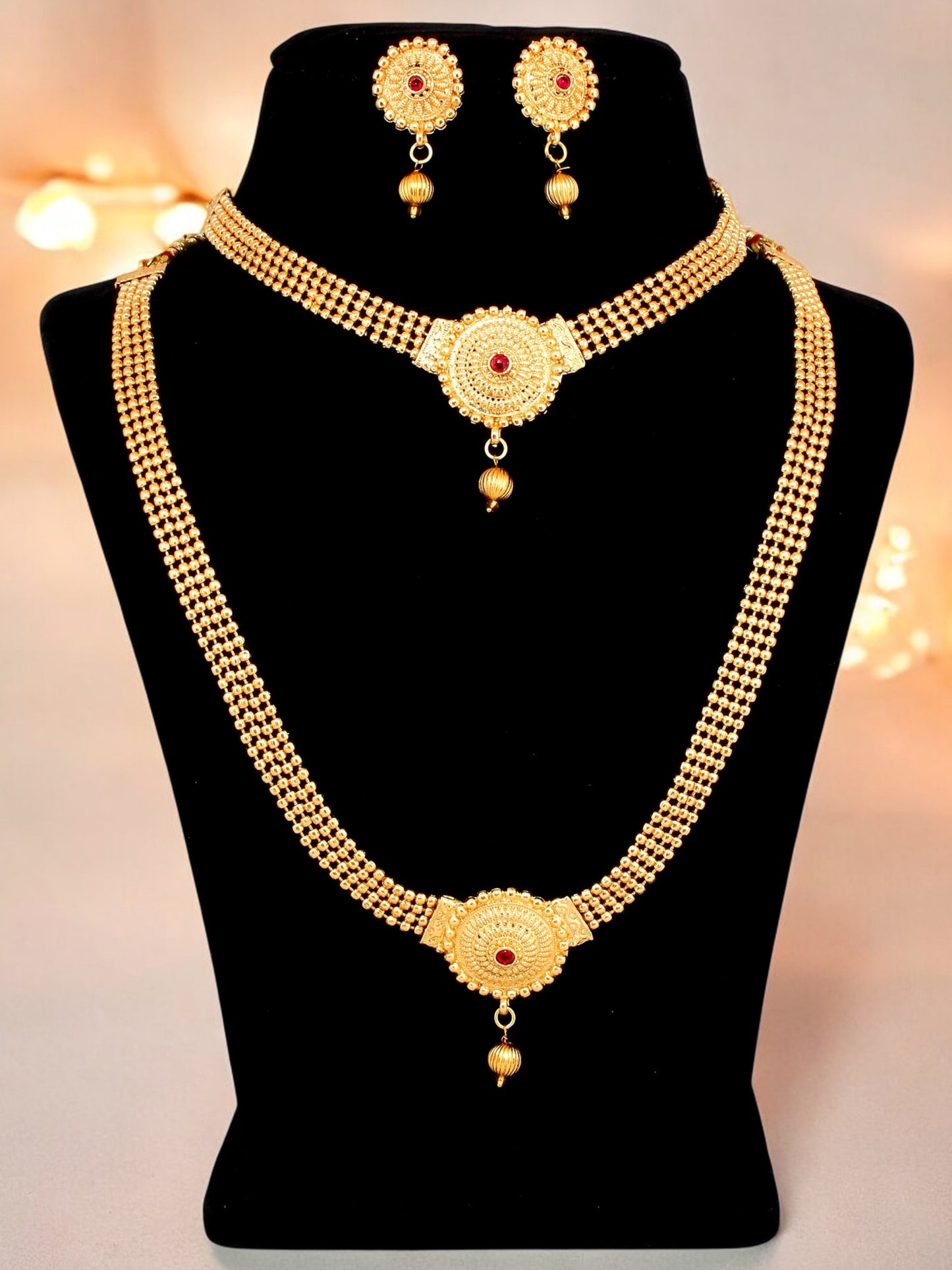 Gold Plated Double Layer Necklace Set with Earrings Traditional Jewellery