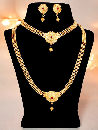 Gold Plated Double Layer Necklace Set with Earrings Traditional Jewellery