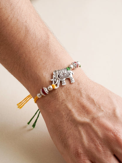 Set of 2 Silver Elephant Rakhi for Brother with Metallic Beads, Roli Chawal & Card (78-JPR1-1961-S-2-2026)