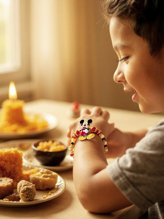 Gold Plated Cute Micky Mouse Rakhi - Rakshabandhan Kids Rakhee for Bhaiya/Bhabhi - Pack of 1