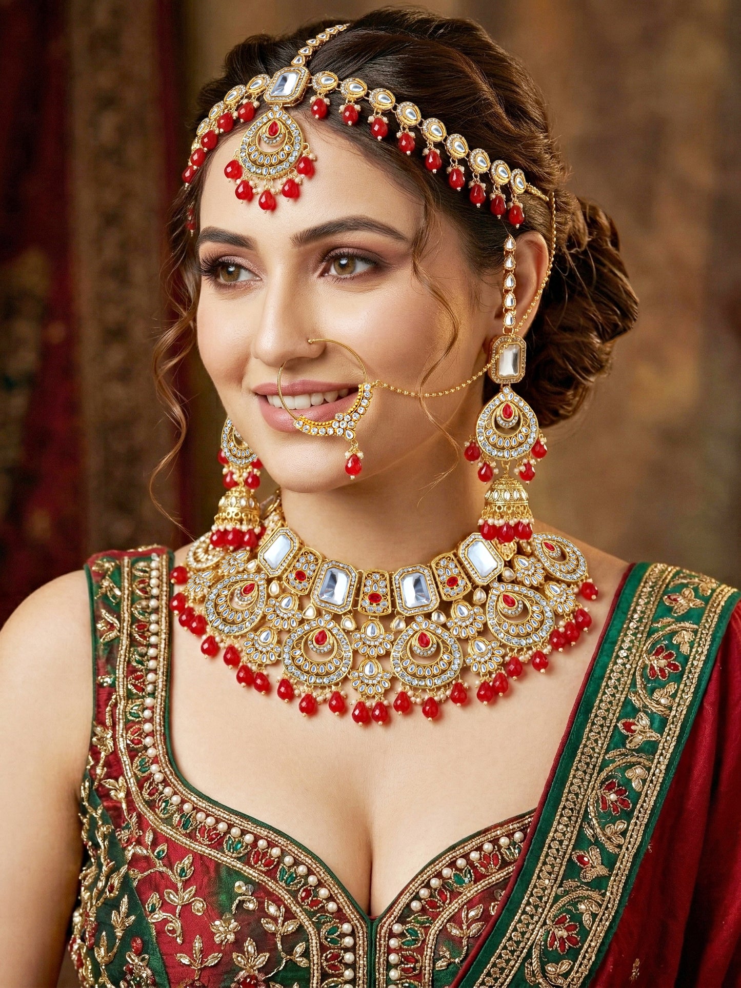 Bridal AD Red Stone Heavy Choker Jewellery Set with Sheesh Patti, Nath & Jhumka (3300-M8ZK-1106-RED)