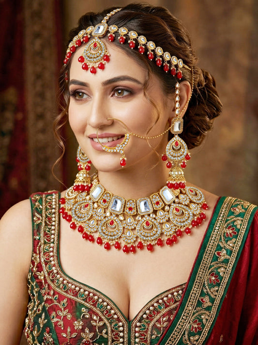 Bridal AD Red Stone Heavy Choker Jewellery Set with Sheesh Patti, Nath & Jhumka (3300-M8ZK-1106-RED)