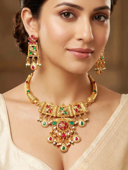Lucky Jewellery Gold-Plated Ruby & Green Color Necklace Set (750-G2SR-269-RG)
