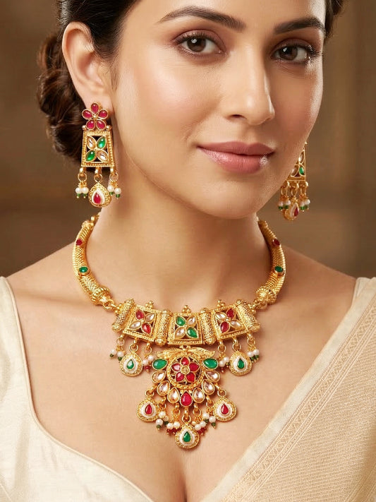 Lucky Jewellery Gold-Plated Ruby & Green Color Necklace Set (750-G2SR-269-RG)