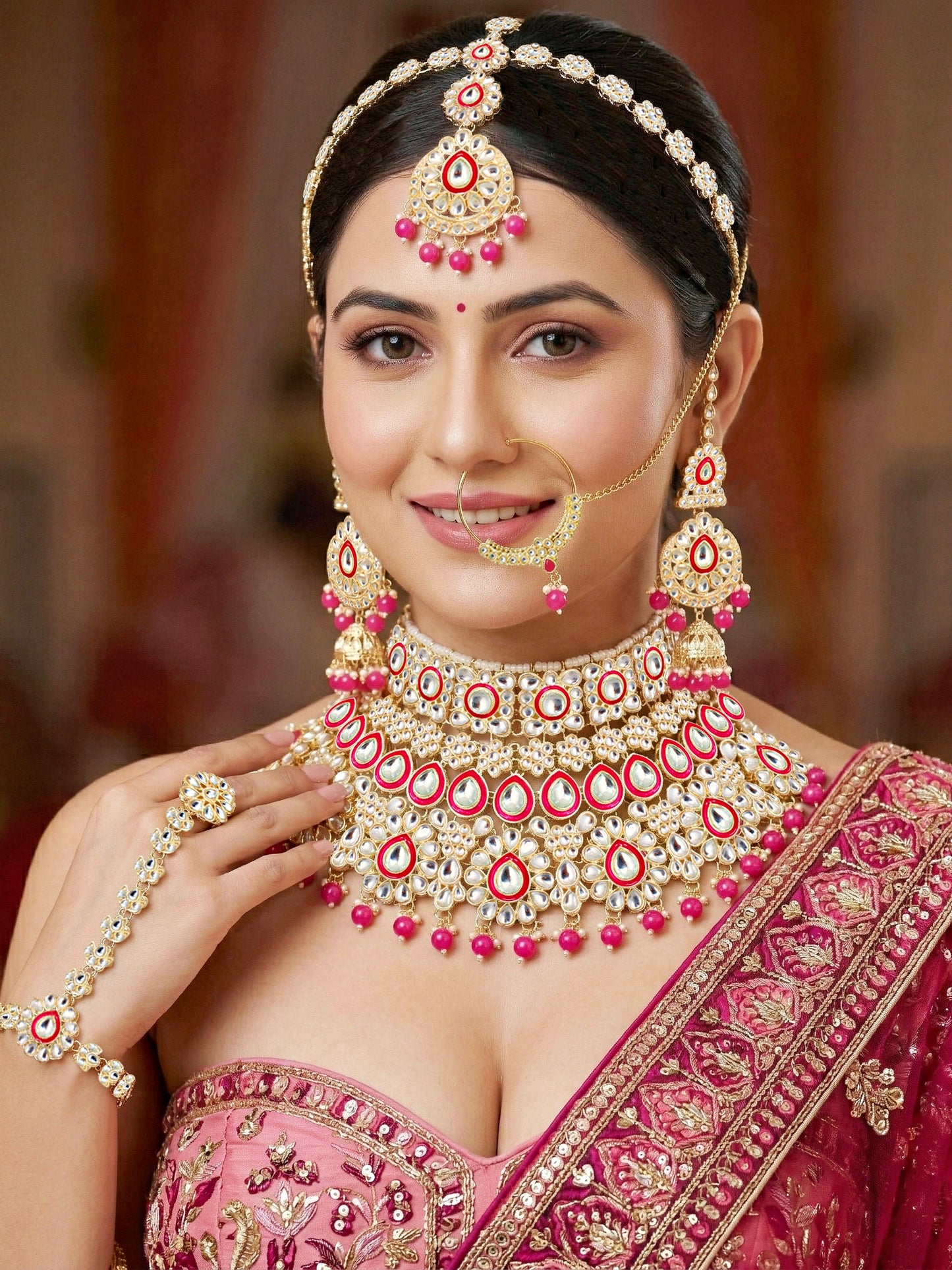 Bridal Kundan Red Heavy Choker Jewellery Set with Hathphool & Nath (2640-IZK-551-R)