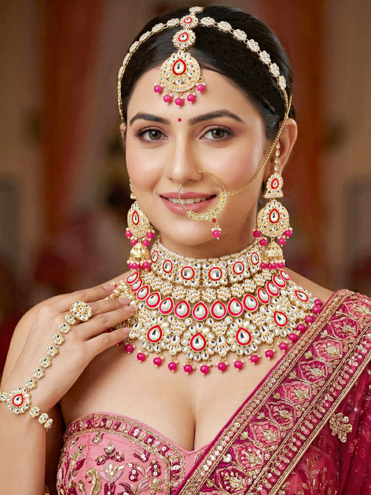 Bridal Kundan Red Heavy Choker Jewellery Set with Hathphool & Nath (2640-IZK-551-R)