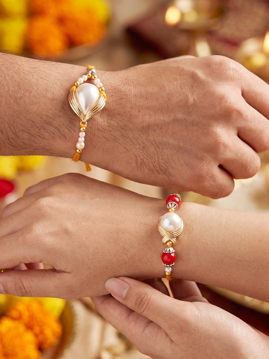Set of 2 Designer Rakhi for Brother, White Stone Centerpieces with Golden Beads, Roli, Chawal (275-CHR1-1137-2-2026)