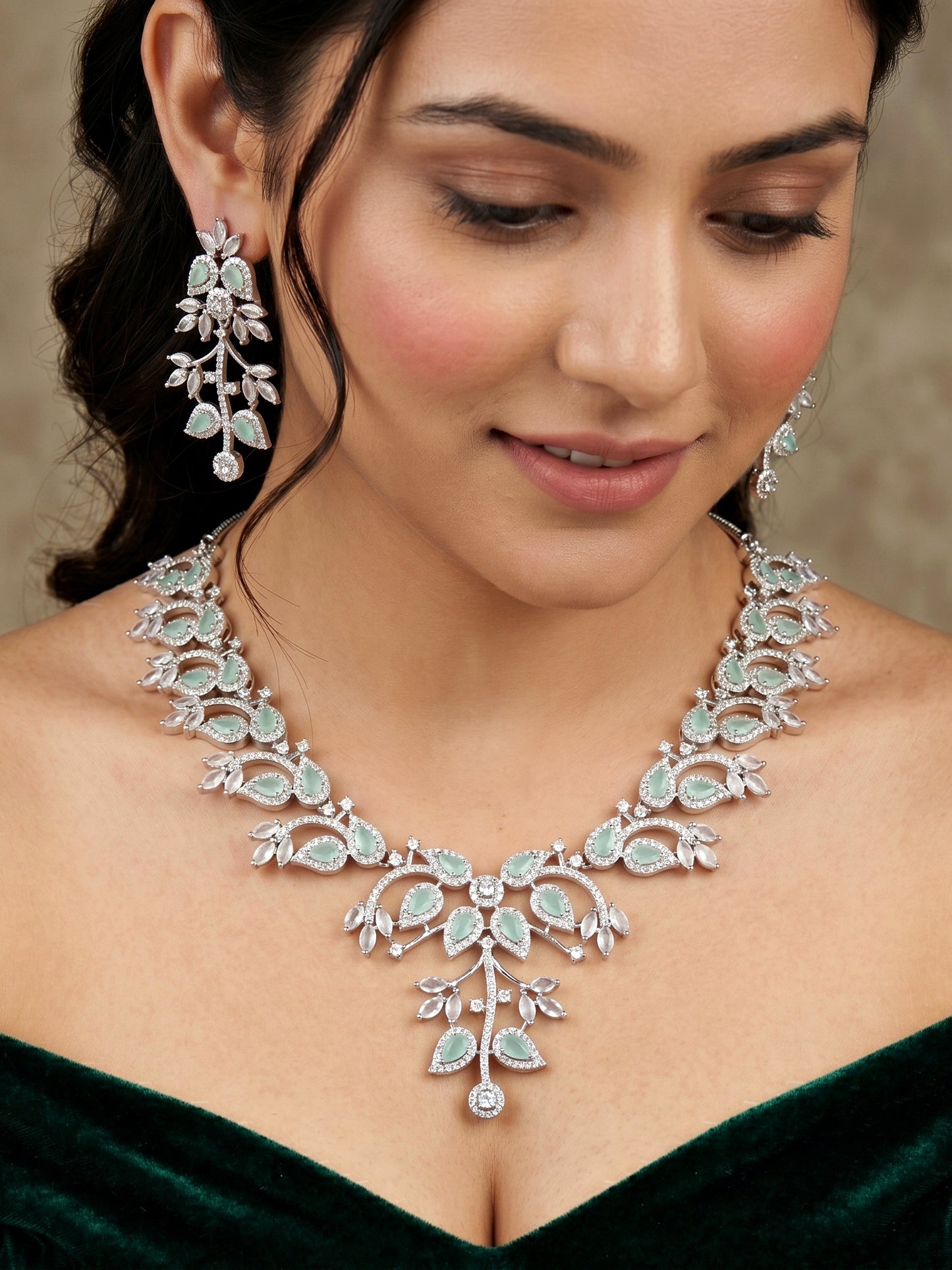 Lucky Jewellery Silver-Tone Turquoise Stone & American Diamond Necklace Set with Earrings for Women – Office, Party & Function Wear (1948-K4SA-2241-MNT-S)