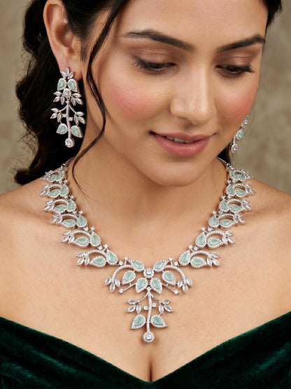 Lucky Jewellery Silver-Tone Turquoise Stone & American Diamond Necklace Set with Earrings for Women – Office, Party & Function Wear (1948-K4SA-2241-MNT-S)