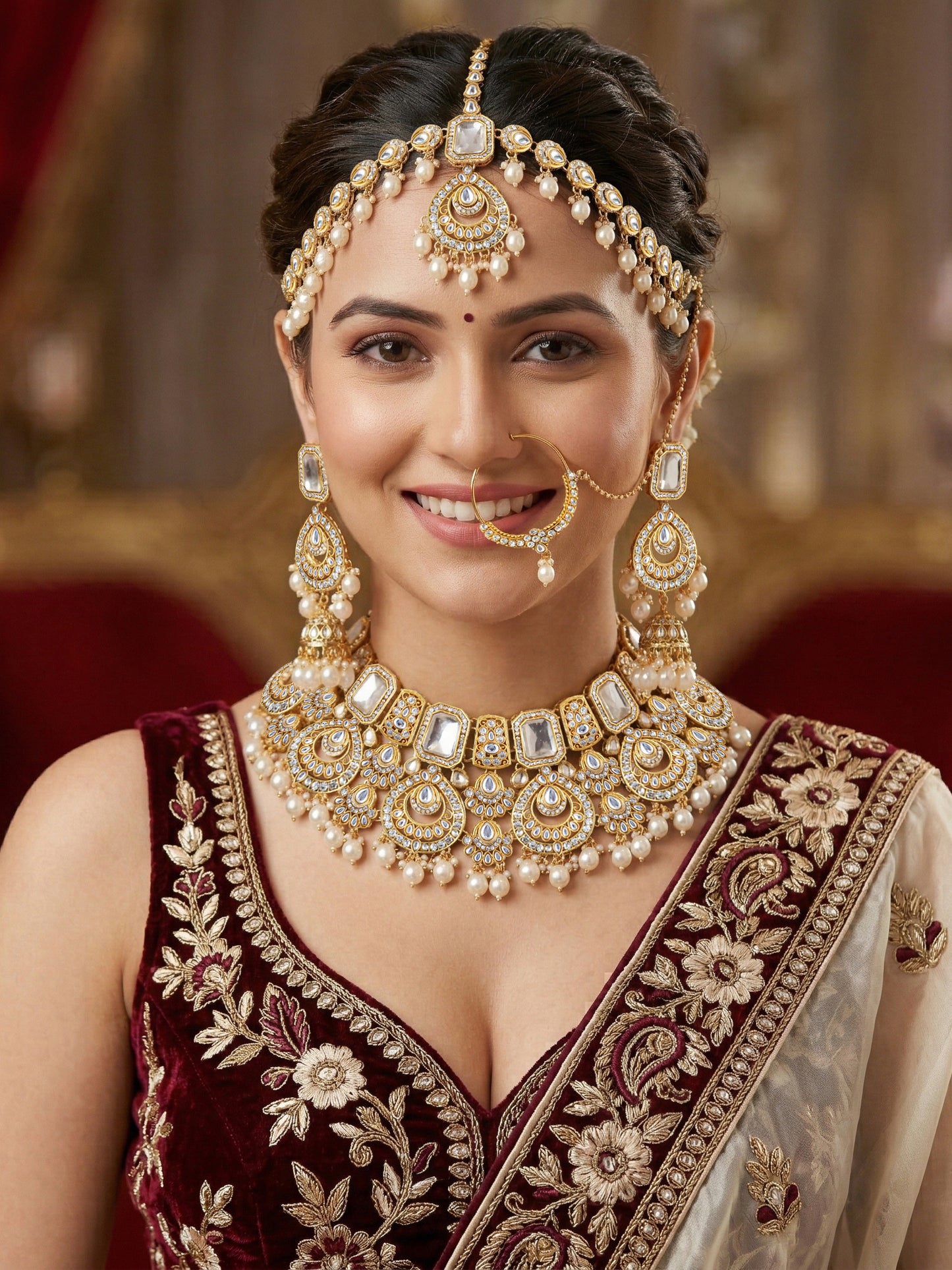 Bridal AD White Pearl Heavy Choker Jewellery Set with Sheesh Patti, Nath & Jhumka (3300-M8ZK-1106-W)