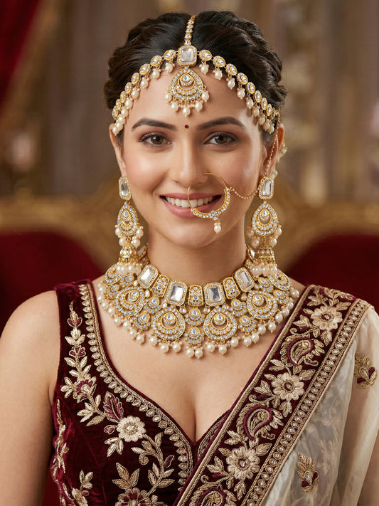 Bridal AD White Pearl Heavy Choker Jewellery Set with Sheesh Patti, Nath & Jhumka (3300-M8ZK-1106-W)