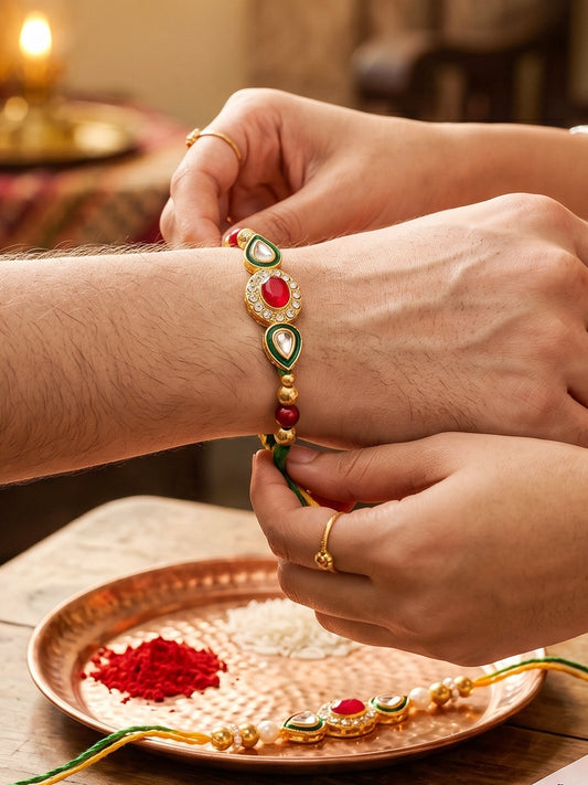 Set of 2 Designer Kundan Rakhi for Brother with Maroon, Clear Crystals, Roli Chawal & Card (98-J5R1-1977-2-2026)