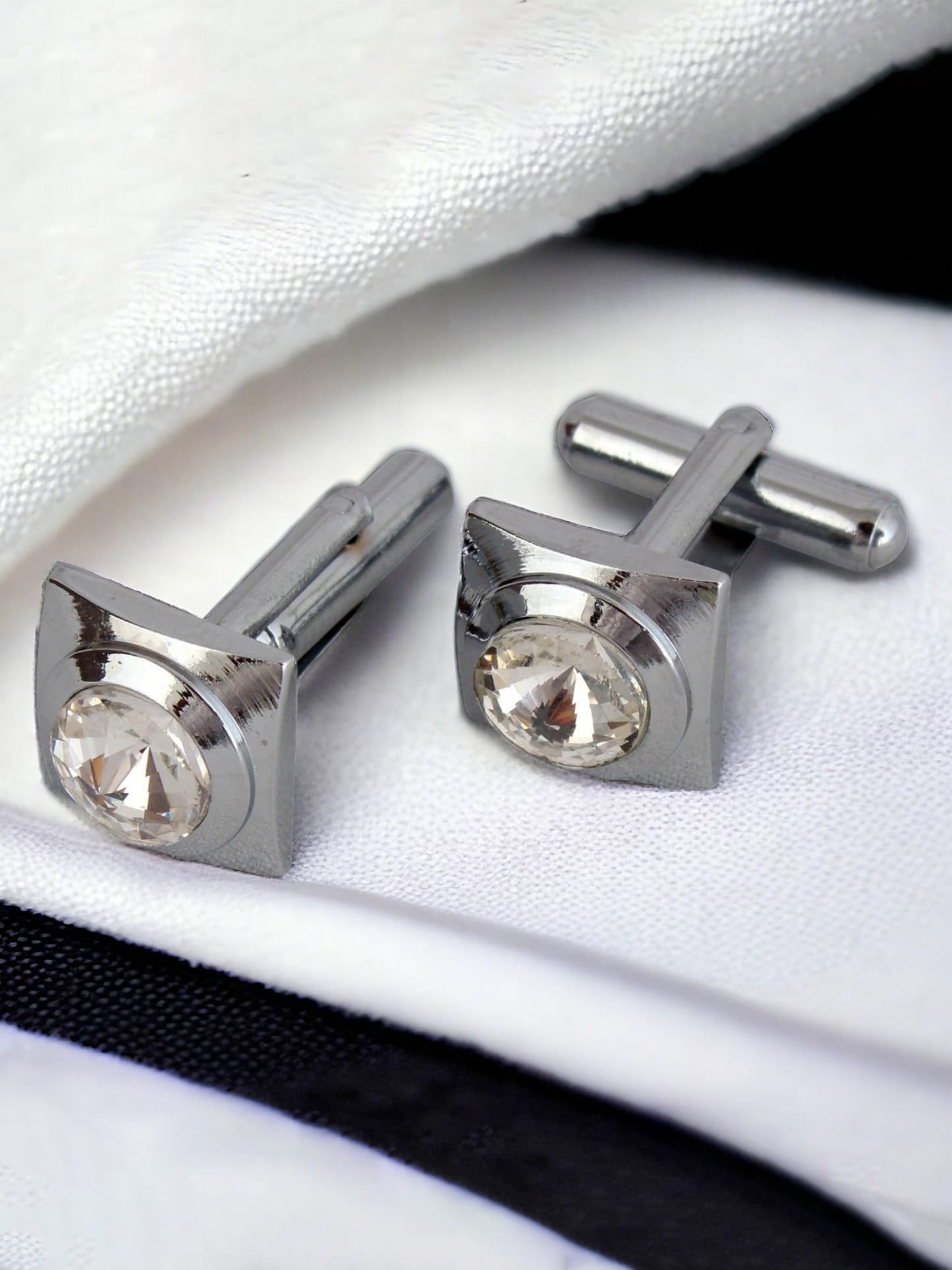 Lucky Jewellery Unique Men Jewelry White Color Stone Silver Plated Sleeve Button Formal Cuff Button Wedding Shirt Button, Suit, Blazer Cufflinks Pair Gift Set for Men (314-M4C54-CRR42TSG-S)