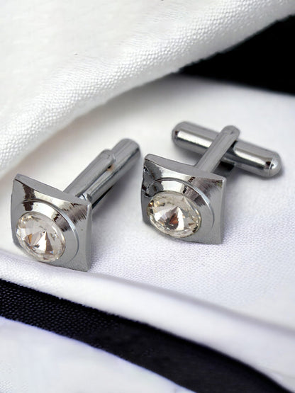 Lucky Jewellery Unique Men Jewelry White Color Stone Silver Plated Sleeve Button Formal Cuff Button Wedding Shirt Button, Suit, Blazer Cufflinks Pair Gift Set for Men (314-M4C54-CRR42TSG-S)