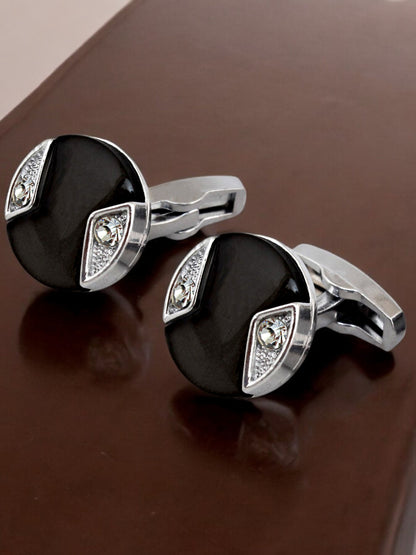 LUCKY JEWELLERY Unique Men Jewelry | Silver Plated Black Enamel Sleeve Button Formal Cuff Button | Wedding Shirt Button, Suit, Blazer Cufflinks Pair Set | Valentine Gift For Men (300-CHC4-1008BL-S)