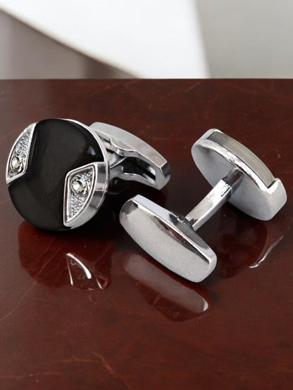 LUCKY JEWELLERY Unique Men Jewelry | Silver Plated Black Enamel Sleeve Button Formal Cuff Button | Wedding Shirt Button, Suit, Blazer Cufflinks Pair Set | Valentine Gift For Men (300-CHC4-1008BL-S)