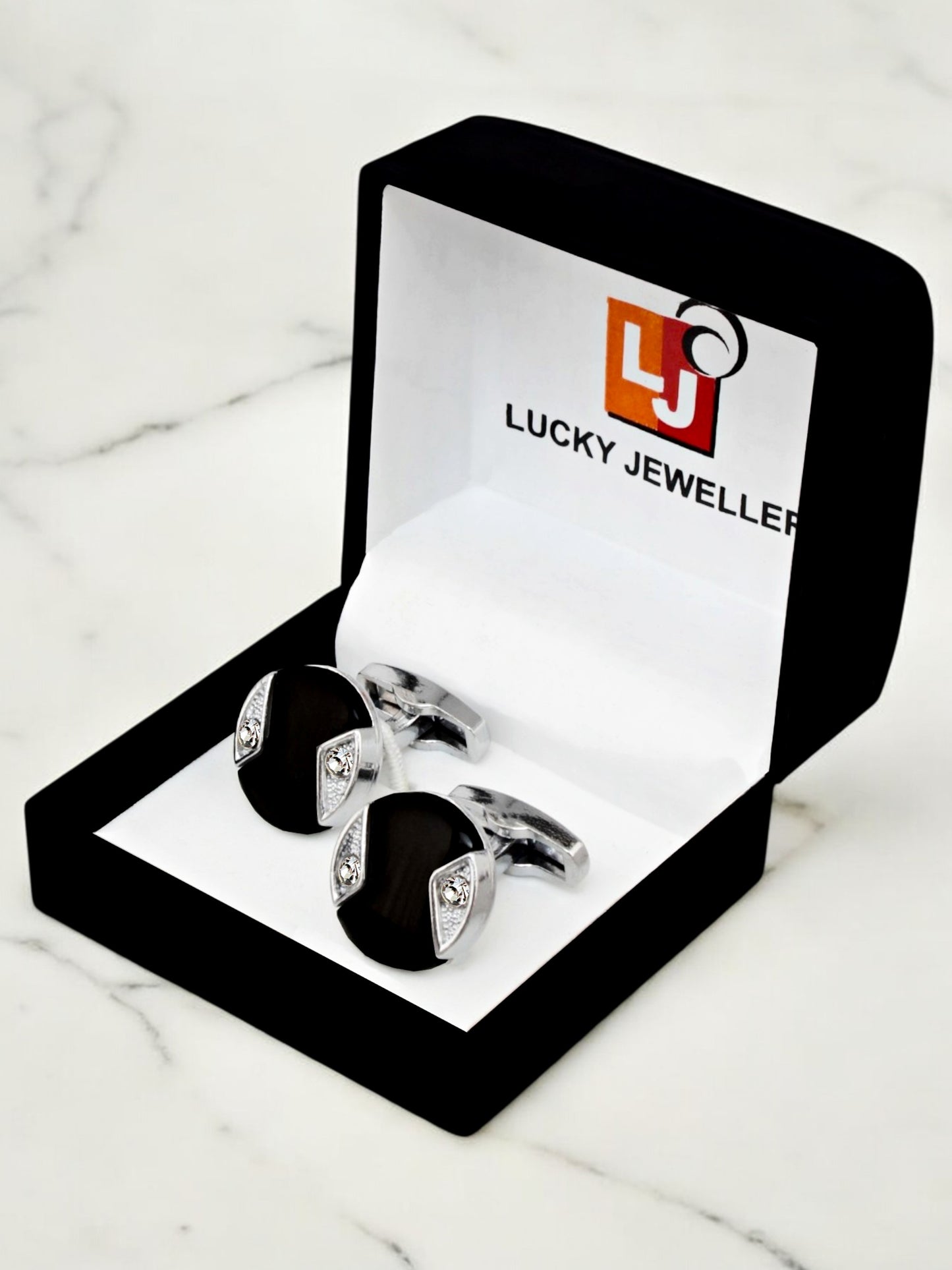 LUCKY JEWELLERY Unique Men Jewelry | Silver Plated Black Enamel Sleeve Button Formal Cuff Button | Wedding Shirt Button, Suit, Blazer Cufflinks Pair Set | Valentine Gift For Men (300-CHC4-1008BL-S)