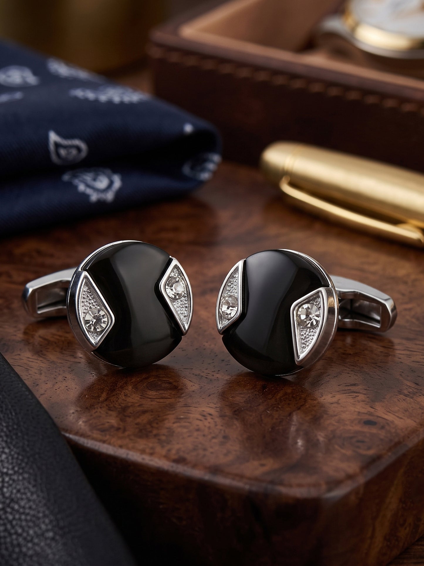 LUCKY JEWELLERY Unique Men Jewelry | Silver Plated Black Enamel Sleeve Button Formal Cuff Button | Wedding Shirt Button, Suit, Blazer Cufflinks Pair Set | Valentine Gift For Men (300-CHC4-1008BL-S)