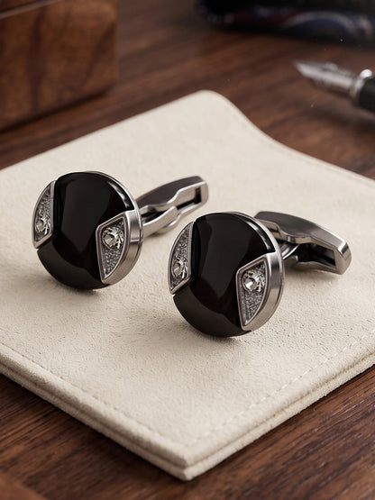 LUCKY JEWELLERY Unique Men Jewelry | Silver Plated Black Enamel Sleeve Button Formal Cuff Button | Wedding Shirt Button, Suit, Blazer Cufflinks Pair Set | Valentine Gift For Men (300-CHC4-1008BL-S)