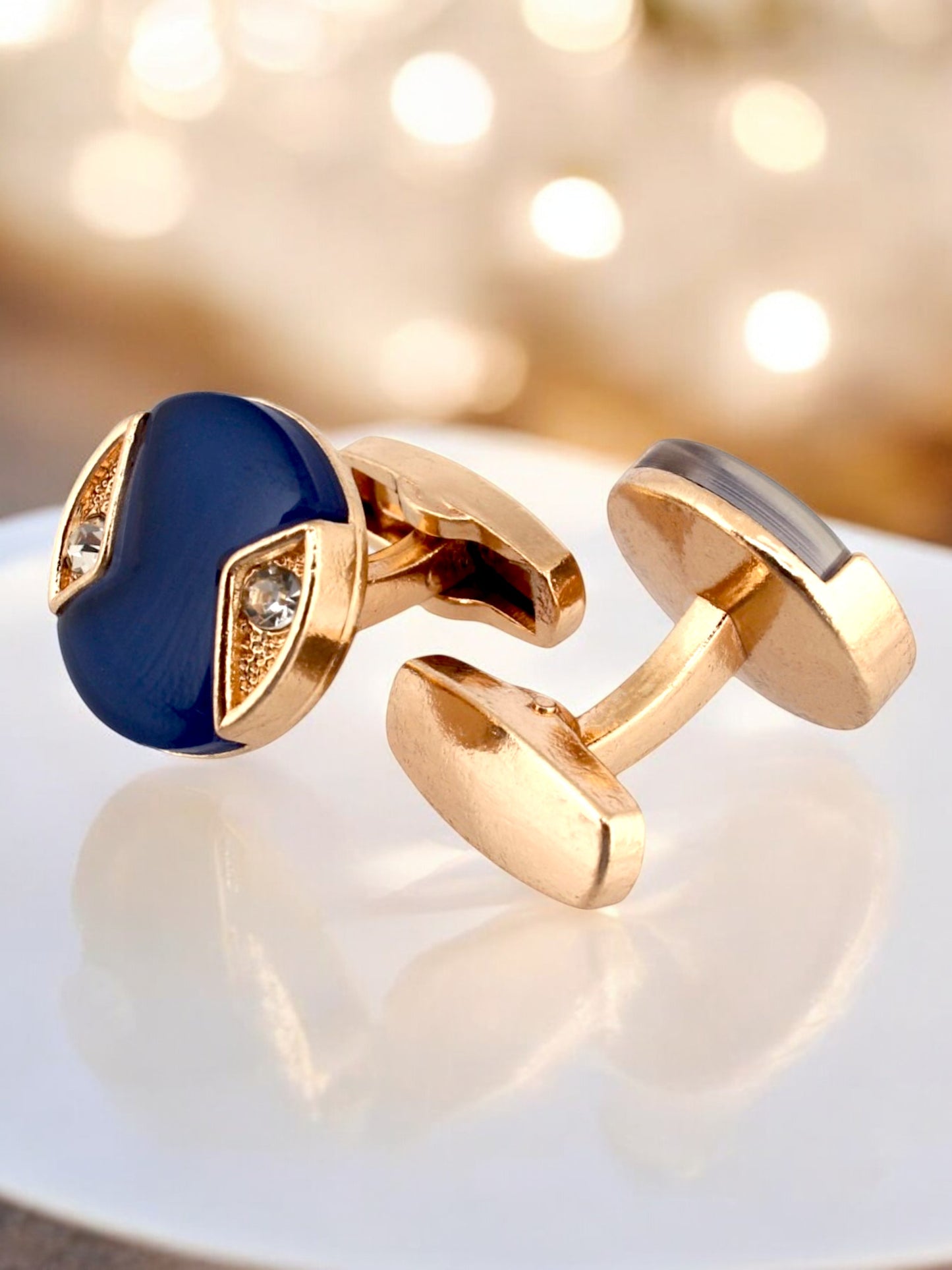 LUCKY JEWELLERY Unique Men Jewelry | 18k Gold Plated Blue Enamel Sleeve Button Formal Cuff Button | Wedding Shirt Button, Suit, Blazer Cufflinks Pair Set | Valentine Gift For Men (300-CHC4-1008B-B)