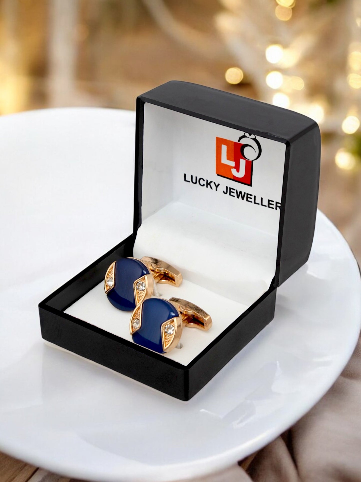 LUCKY JEWELLERY Unique Men Jewelry | 18k Gold Plated Blue Enamel Sleeve Button Formal Cuff Button | Wedding Shirt Button, Suit, Blazer Cufflinks Pair Set | Valentine Gift For Men (300-CHC4-1008B-B)