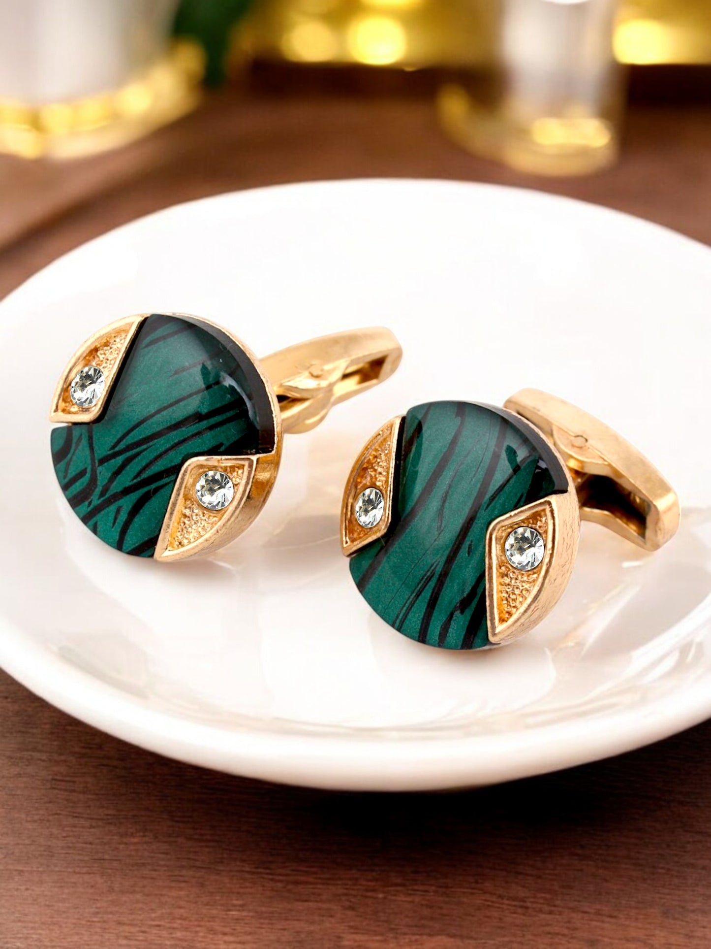 LUCKY JEWELLERY Unique Men Jewelry | 18k Gold Plated Green Enamel Sleeve Button Formal Cufflinks | Wedding Shirt Button, Suit, Blazer Cufflinks Pair Set | Valentine Gift For Men