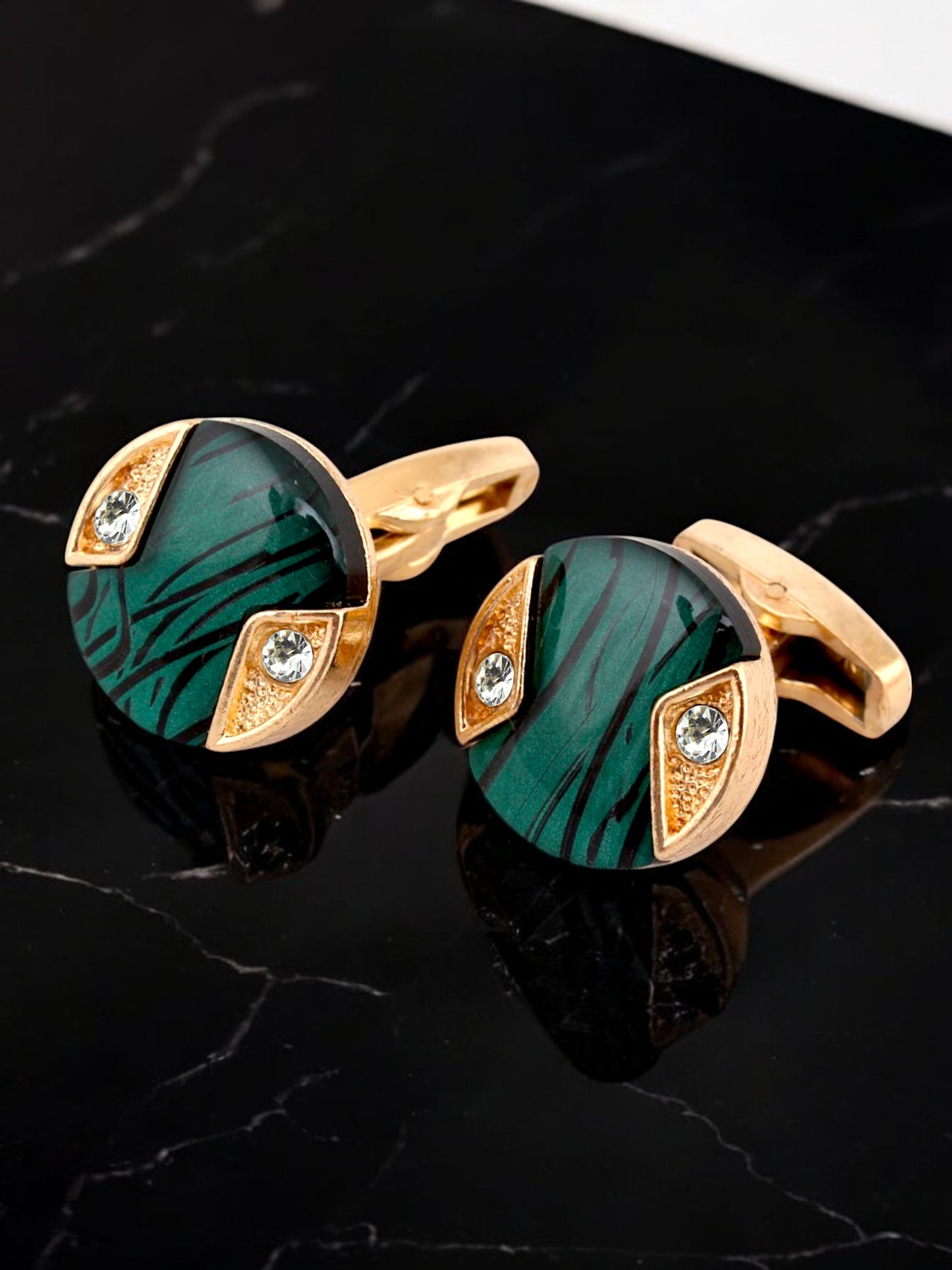 LUCKY JEWELLERY Unique Men Jewelry | 18k Gold Plated Green Enamel Sleeve Button Formal Cufflinks | Wedding Shirt Button, Suit, Blazer Cufflinks Pair Set | Valentine Gift For Men