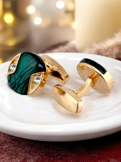 LUCKY JEWELLERY Unique Men Jewelry | 18k Gold Plated Green Enamel Sleeve Button Formal Cufflinks | Wedding Shirt Button, Suit, Blazer Cufflinks Pair Set | Valentine Gift For Men