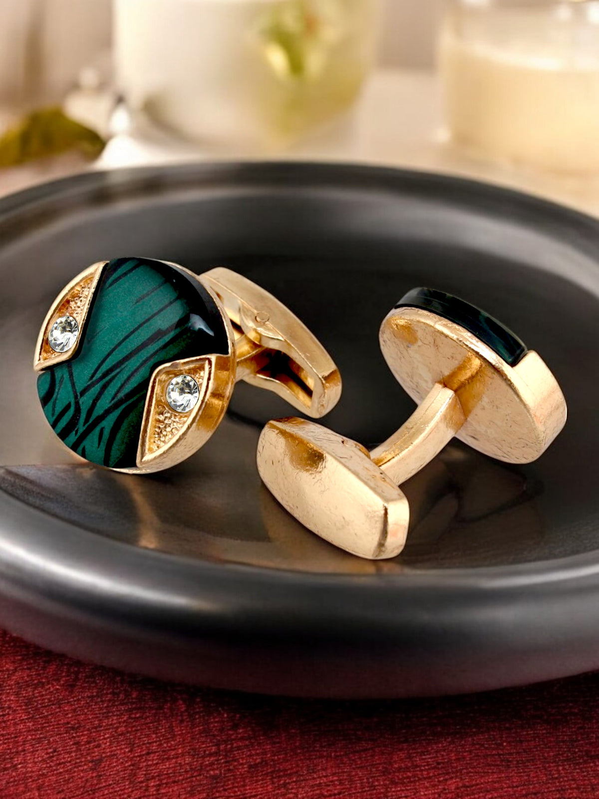 LUCKY JEWELLERY Unique Men Jewelry | 18k Gold Plated Green Enamel Sleeve Button Formal Cufflinks | Wedding Shirt Button, Suit, Blazer Cufflinks Pair Set | Valentine Gift For Men