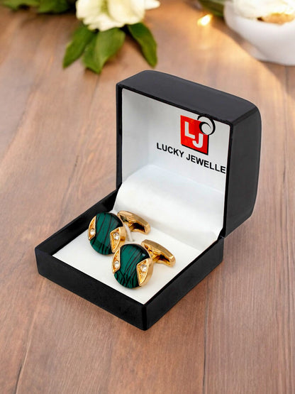 LUCKY JEWELLERY Unique Men Jewelry | 18k Gold Plated Green Enamel Sleeve Button Formal Cufflinks | Wedding Shirt Button, Suit, Blazer Cufflinks Pair Set | Valentine Gift For Men