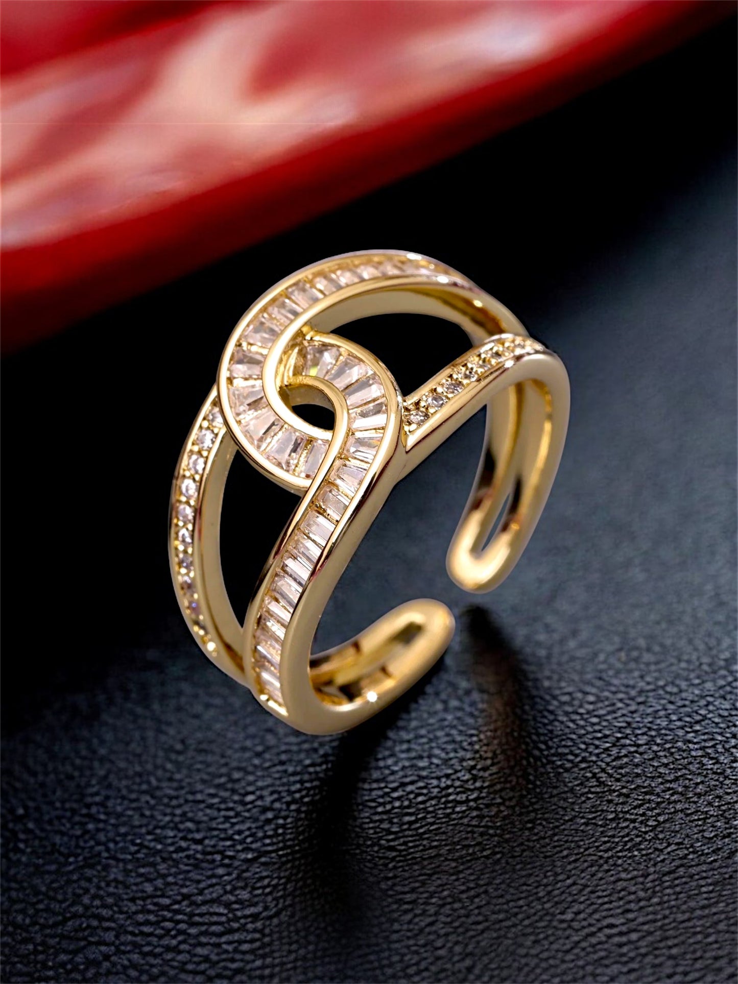 18K Gold-Plated Adjustable Finger Rings | Trendy Twisted Stackable Statement Ring with Stones (300-CHFA-1053)